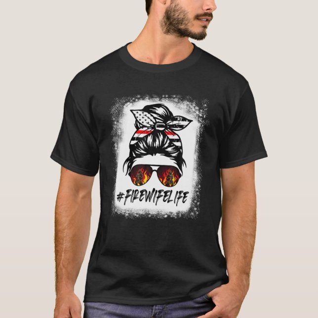 T-shirt Fier Pompier Femme Messy Bun Drapeau Américain 4E (Devant)