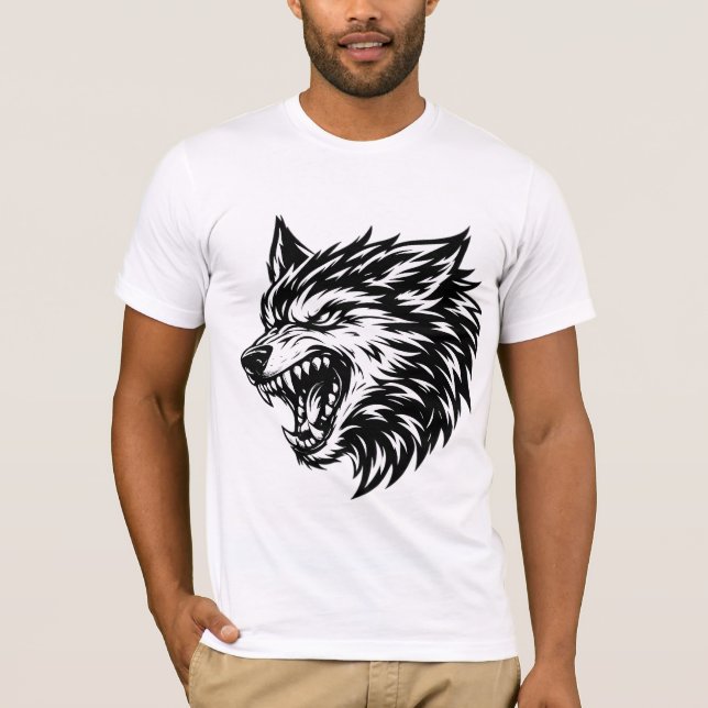 T-shirt Fierce Wolf Head Bold Black and White Alpha Wolf  (Devant)