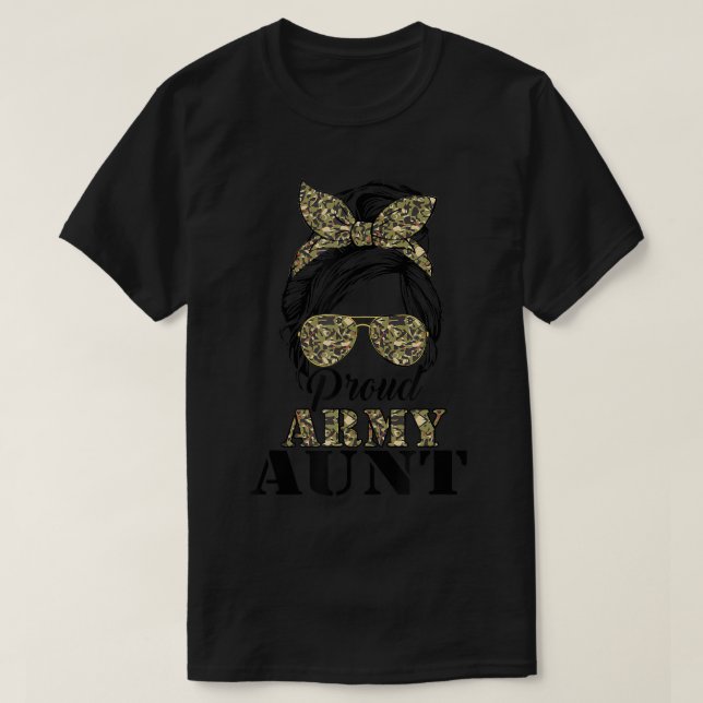 T-shirt Fière Tante de l'armée Camouflage Messy Bun Soldat (Design devant)