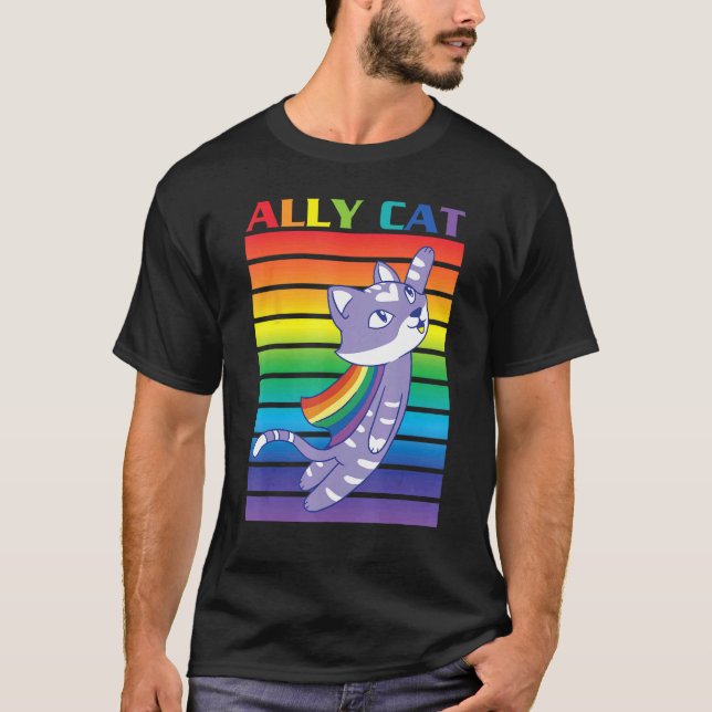 T-shirt Fierté de chat allié avec cape de drapeau de fiert (Devant)