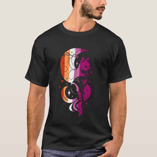 T-shirt Fierté lesbienne Chat céleste Lune Design mystique (Devant)