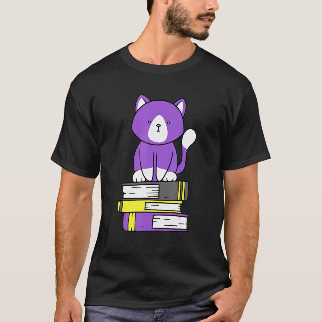T-shirt Fierté Subtile non binaire Cute Chat Livre Pile No (Devant)