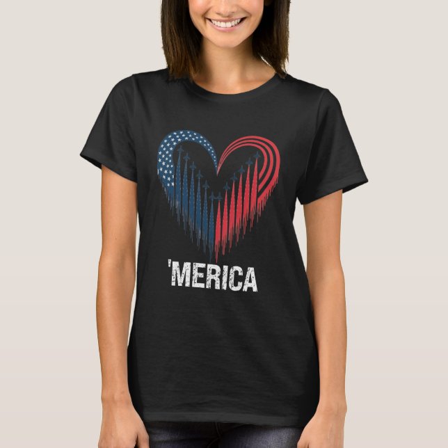 T-shirt Fighter Jet Airplane American Flag Heart 4th Of Ju (Devant)