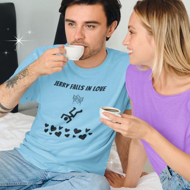 T-shirt Figure Les gens tombent dans l'amour (Shown in mens, blue tee. Available in mens, womens, multiple styles, colors and sizes.)