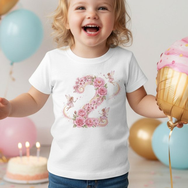 T-Shirt Fille 2e Anniversaire Fée Rose Numéro Deux (Number 2 shirt - 2nd birthday outfit for milestone photoshoot, birthday party etc)