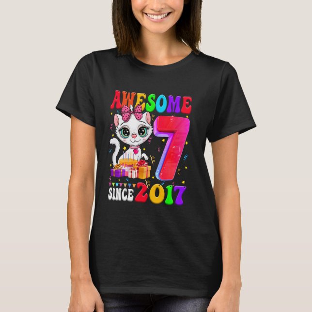 T-shirt Fille 7 ans Fête Cute cat 7 Ans Incroyable (Devant)