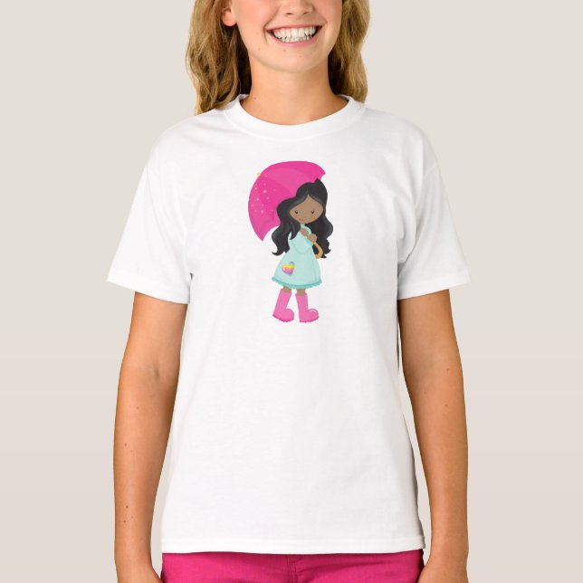 T-shirt Fille Africaine Américaine, Pluie, Raincoat, Parap (Devant)
