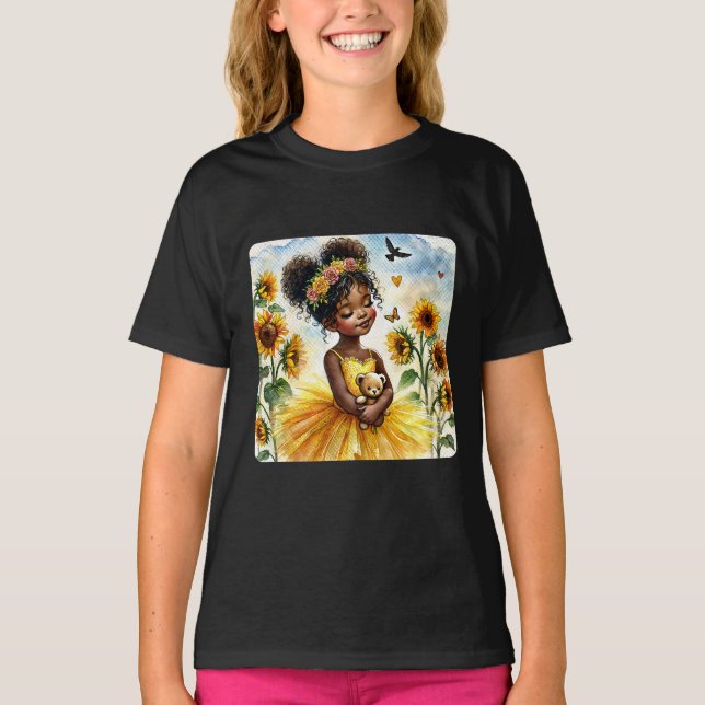 T-shirt Fille afro-américaine avec des tournesols et Teddy (Devant)