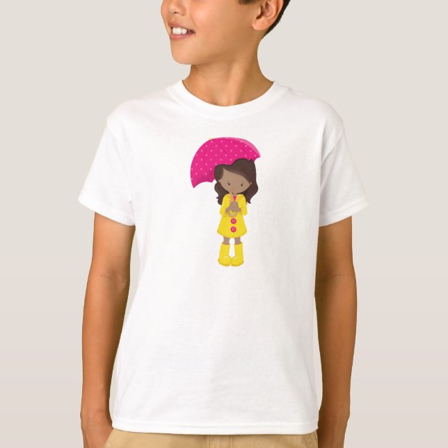 T-shirt Fille Afro-Américaine, Fille En Manteau De Pluie,  (Devant)
