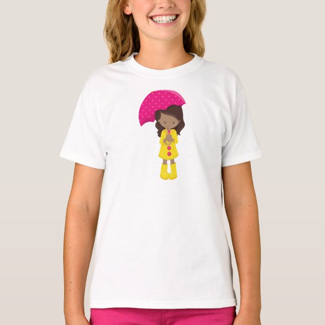 T-shirt Fille Afro-Américaine, Fille En Manteau De Pluie,  (Devant)