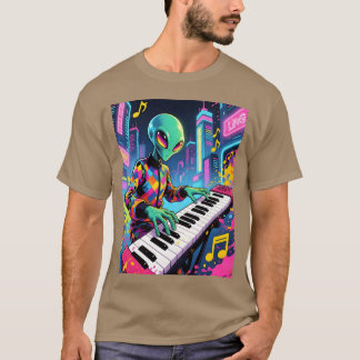 T-shirt Fille Alien au Clavier Neon Synthwave