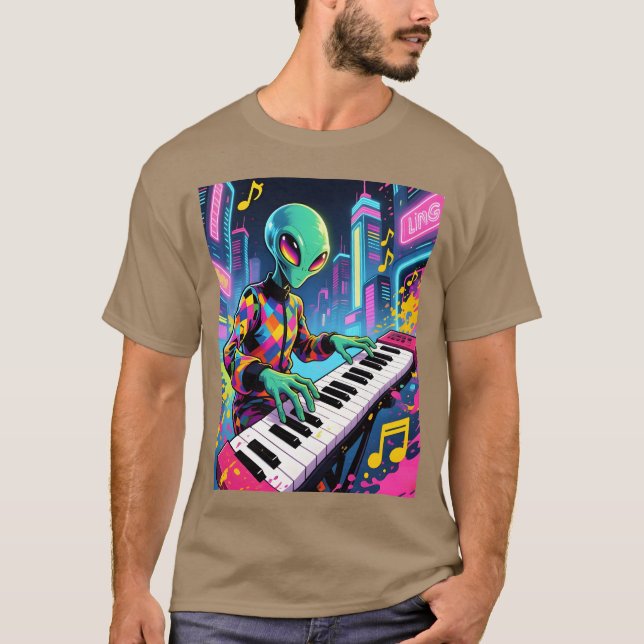 T-shirt Fille Alien au Clavier Neon Synthwave (Devant)