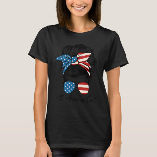 T-shirt Fille Américaine Messy Bun Drapeau Américain 4th O
