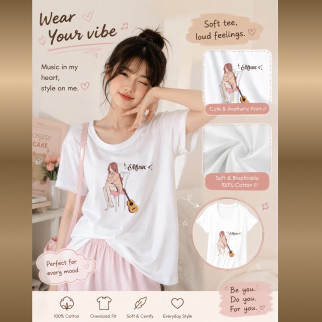 T-shirt Fille Anime Assise avec chat & Notes de Musique –  (Créateur téléchargé)