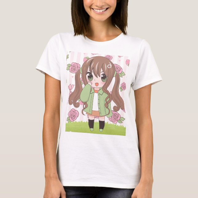 T-shirt fille anime avec des fleurs (Devant)