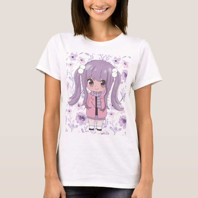 T-shirt fille anime avec des fleurs (Devant)