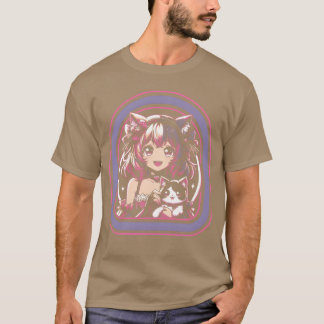 T-shirt Fille Anime Avec Ses Amis De Chat Anime