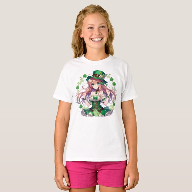 T-shirt Fille anime trèfle Saint-Patrick (Devant entier)