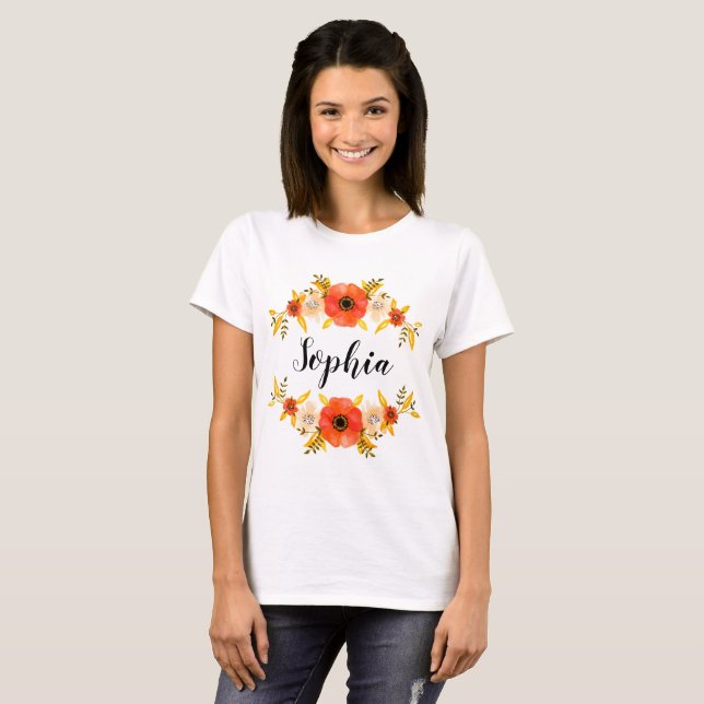 T-shirt Fille Aquarelle fleurie Wreath Nom personnalisé (Devant entier)