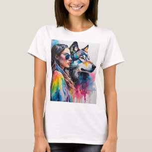 T-shirt Fille arc-en-ciel avec loup