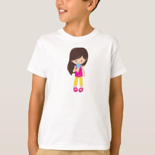 T-shirt Fille Avec Crème De Glace, Cheveux Brown, Mignonne