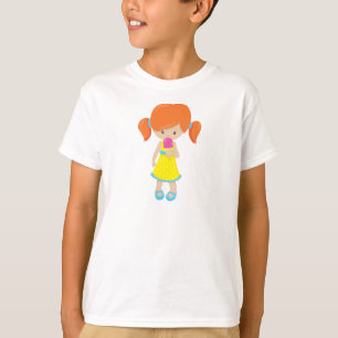 T-shirt Fille Avec Crème De Glace, Cheveux Orange, Mignonn
