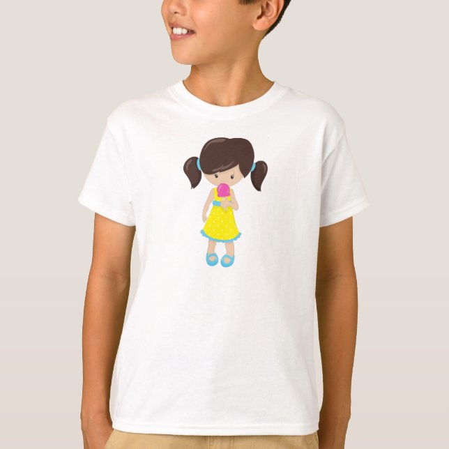 T-shirt Fille Avec Crème De Glace, Mignonne Fille, Cheveux (Devant)