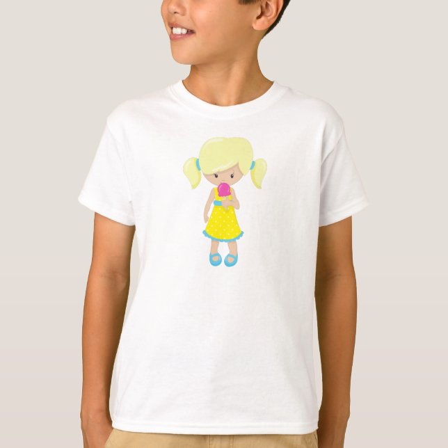 T-shirt Fille Avec Crème De Glace, Mignonne Fille, Cheveux (Devant)