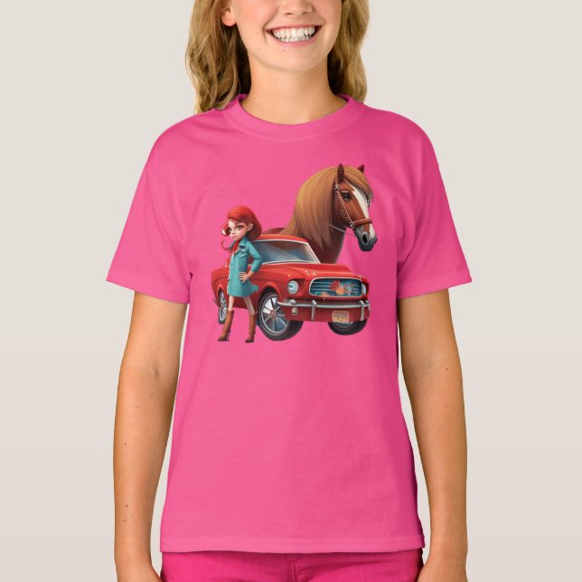 T-shirt Fille Avec Mustang Voiture Horse (Devant)
