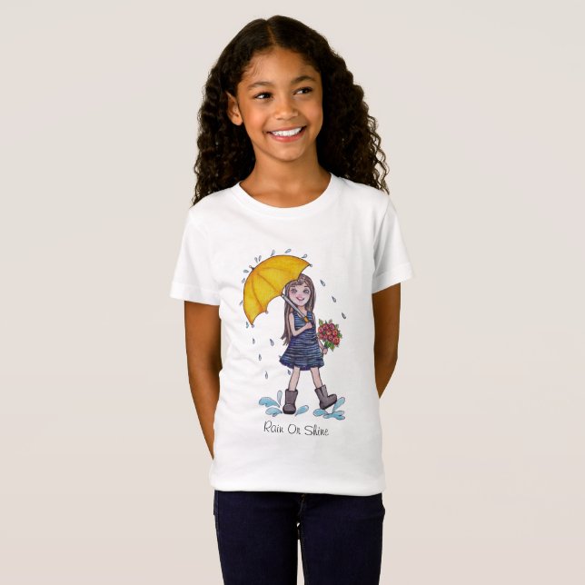 T-Shirt Fille Avec Parapluie Jaune En Aquarelle (Devant entier)