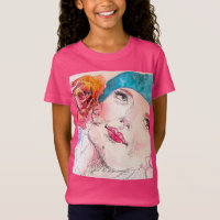 Fille avec Rose Rouge Beret Aquarelle Filles Rose