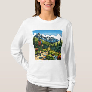 T-shirt Fille avec sac à dos faisant de la randonnée sur u
