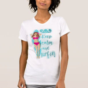 T-shirt fille brune, gardez votre calme et surfez