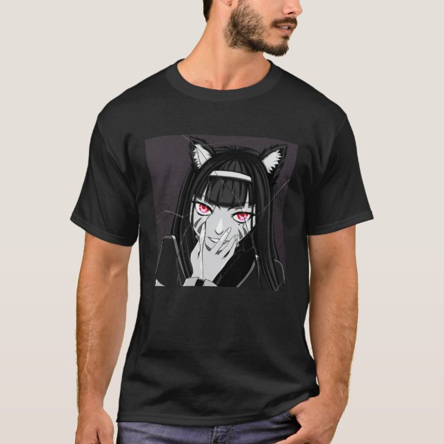 T-shirt Fille chat Neko maléfique noir et blanc avec souri (Devant)