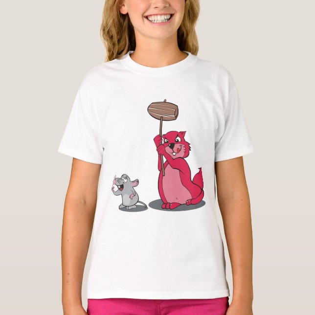 T-shirt fille Chat Rouge Mignon et Souris Grise -  (Devant)