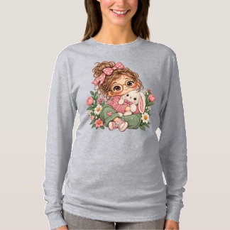T-shirt Fille Chibi Mignonne Broderie Style Floral Automne