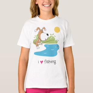 T-shirt Fille Chien Drôle Pêcheur Pêche Lac Soleil