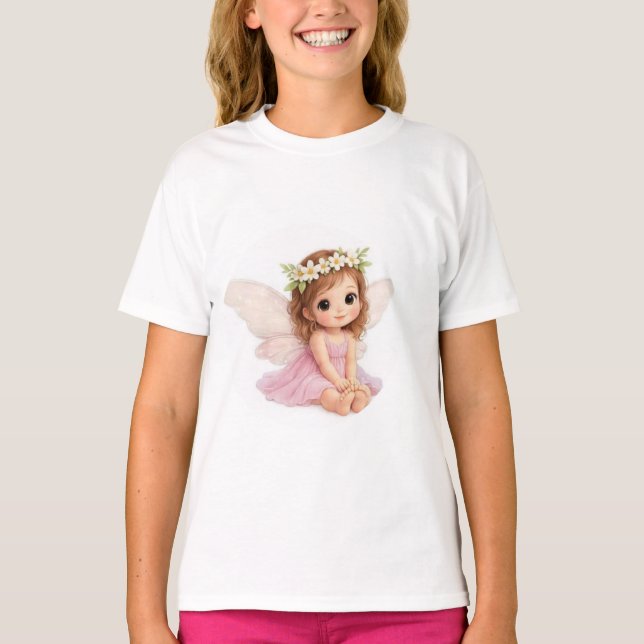T-shirt Fille Couronne de Fleurs Douce Fée en Robe Rose (Devant)