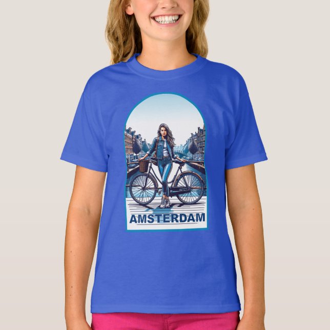 T-shirt Fille d'Amsterdam avec vélo sur un pont (Devant)