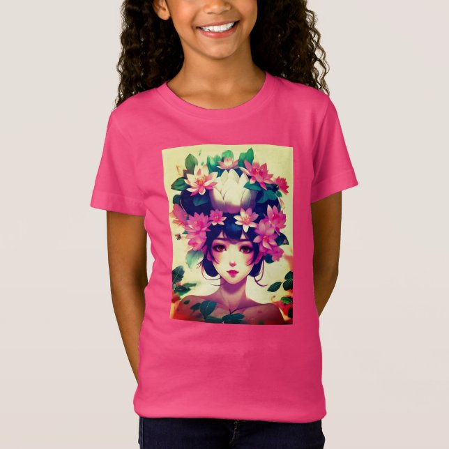 T-Shirt Fille d'anime couronnée de fleurs de lotus (Devant)