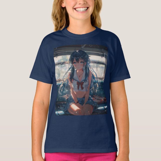 T-shirt Fille d'anime dans un train (Devant)