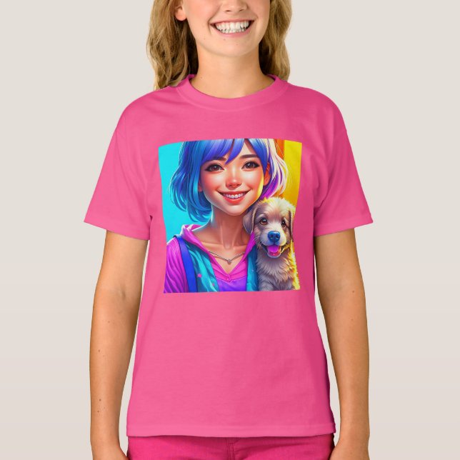 T-shirt Fille d'anime et chiot   (Devant)