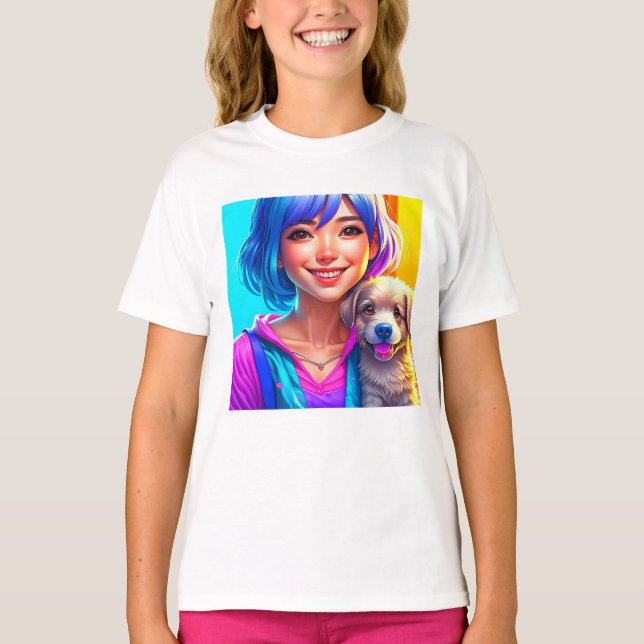 T-shirt Fille d'anime et chiot   (Devant)