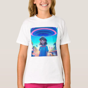 T-shirt Fille d'anime sous un OVNI dans la ville