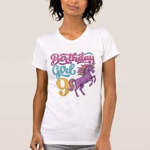 T-shirt Fille d'anniversaire 9 Licorne Dessin de gravure v