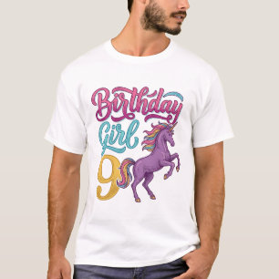 T-shirt Fille d'anniversaire 9 Licorne Dessin de gravure v