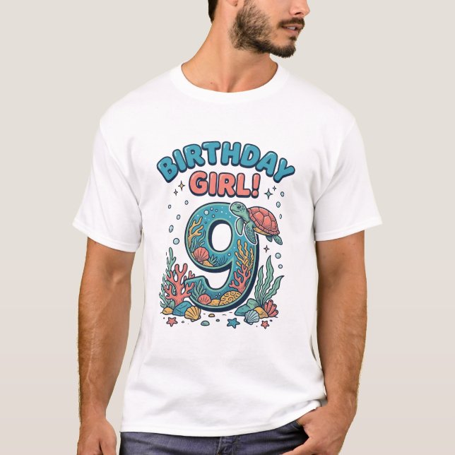 T-shirt Fille d'anniversaire 9 Tortue de mer Conception ve (Devant)