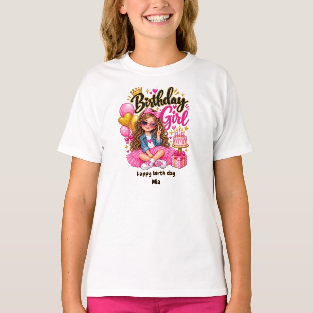T-Shirt Fille d'Anniversaire Rose et Or Mignon  (Devant)