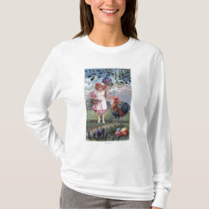 T-shirt Fille dans le rose tenant les fleurs pourpres