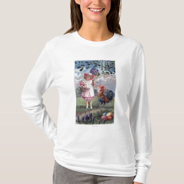 T-shirt Fille dans le rose tenant les fleurs pourpres (Devant)